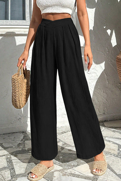 Solid Textured Crossed Waist Wide Leg Pants