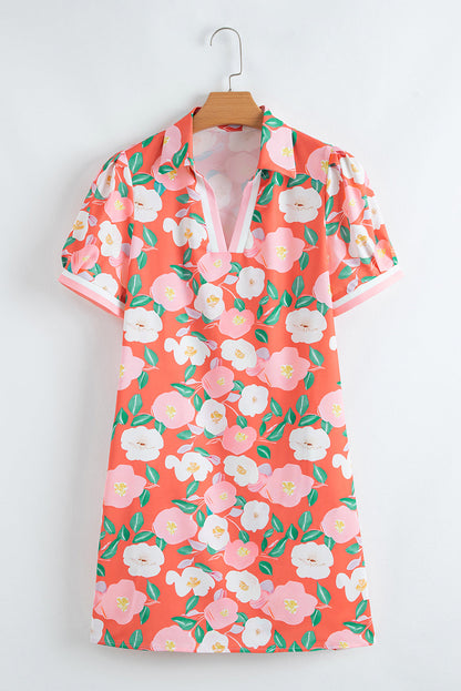 Fresh Salmon Floral Print Puff Sleeve Pop of Color Neckline Dress