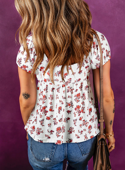White Boho Floral Ruched Short Sleeve Blouse