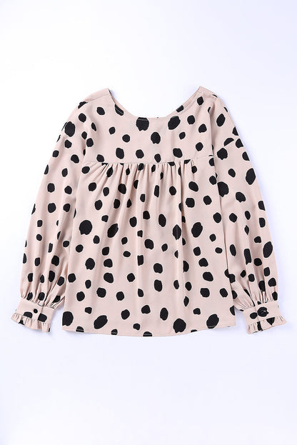 Dotted Buttoned V-Neck Frilled Puff Sleeve Blouse