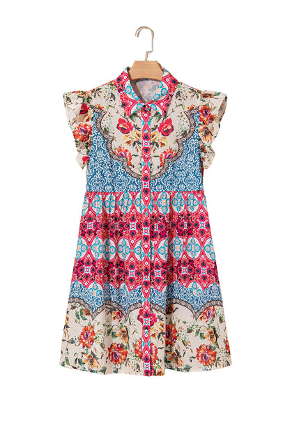 Rose Floral Mixed Pattern Ruffle Flutter Sleeve Buttoned Dress