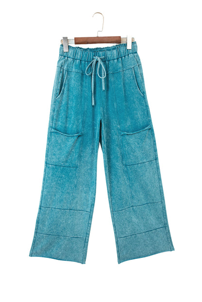 Medium Grey Mineral Wash Lace-up High Waist Raw Hem Patched Pocket Pants