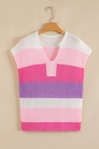 Pink Color Block Notch V Neck Sweater T Shirt