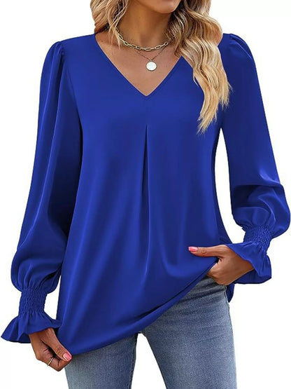 V-Neck Long Sleeve Ruffle Cuff Blouse