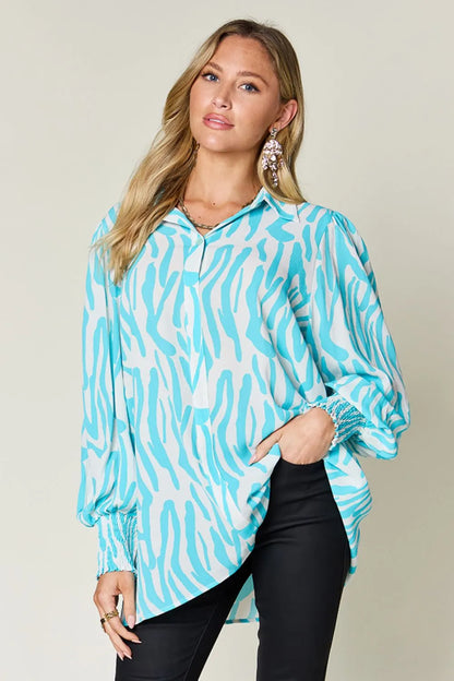 Double Take Full Size Printed Smocked Long Sleeve Blouse Plus Size