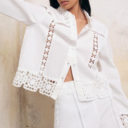 Women's Hollow-Out Patchwork Tassel Coat – Long Sleeve Lapel Button-Down Jacket