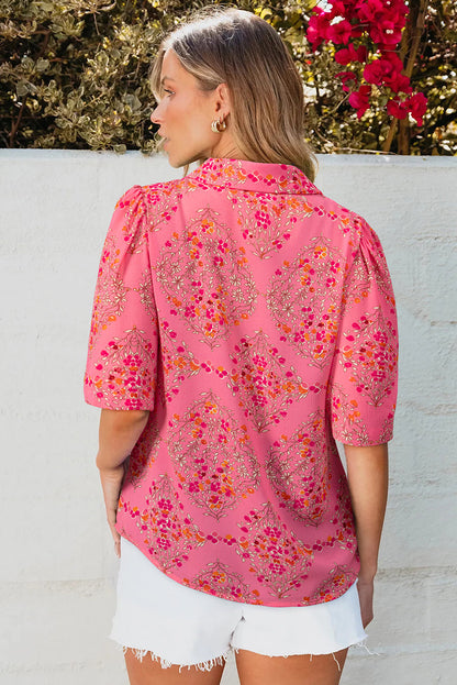 Rose Red Floral Print Wide Short Sleeve Loose Shirt