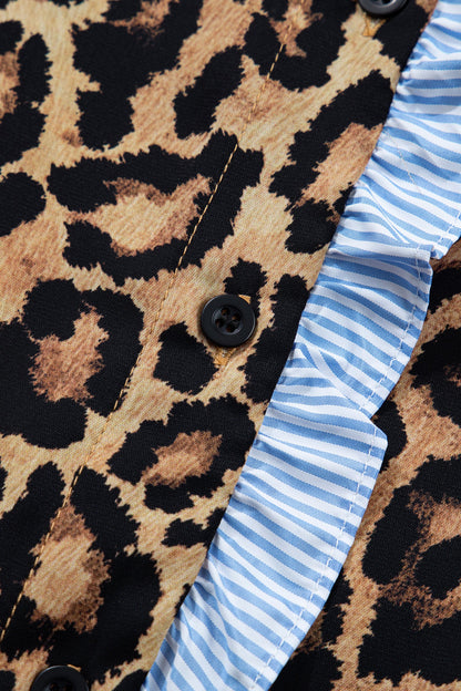 Brown Wild Leopard Print Contrast Striped Frilled Trim Chic Shirt