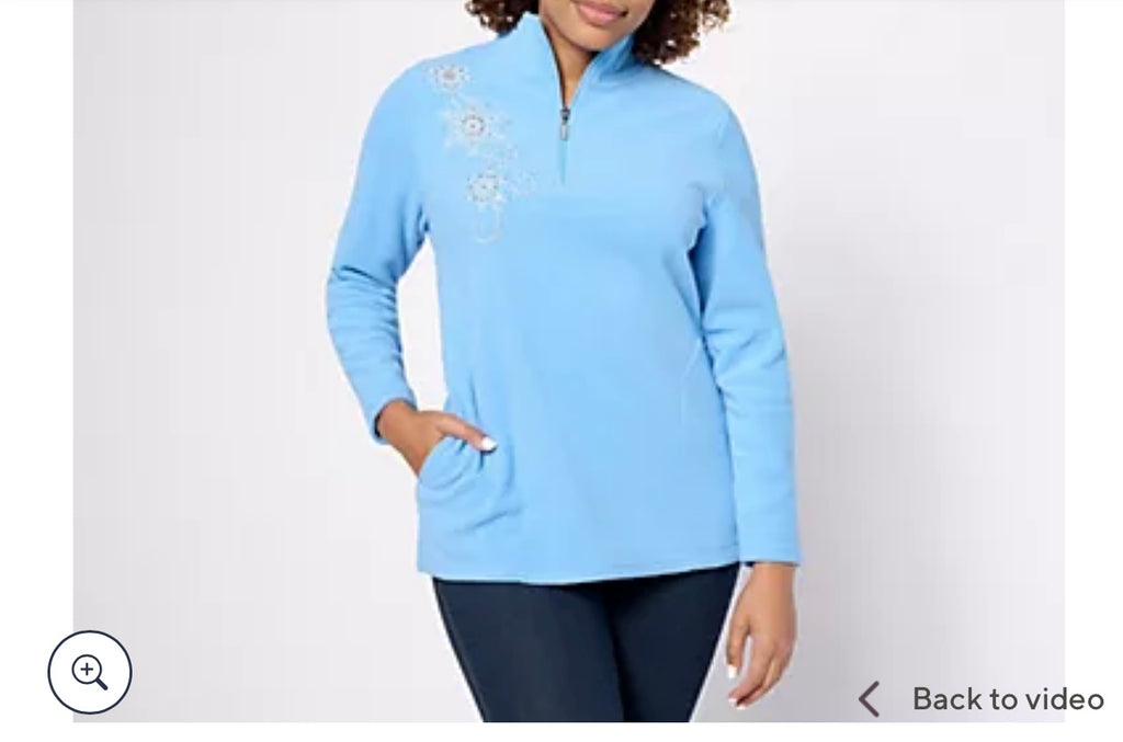 Quacker Factory Let It Snow Half Zip Fleece Top. Size Small