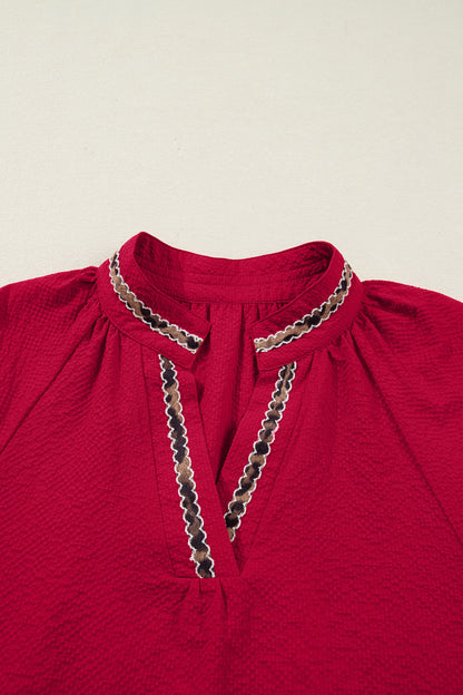 Racing Red Leopard Jacquard Print V Neck Textured Blouse