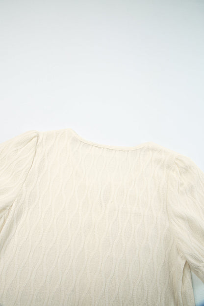 Beau Blue Solid Color Textured Notched Neck Puff Sleeve Blouse