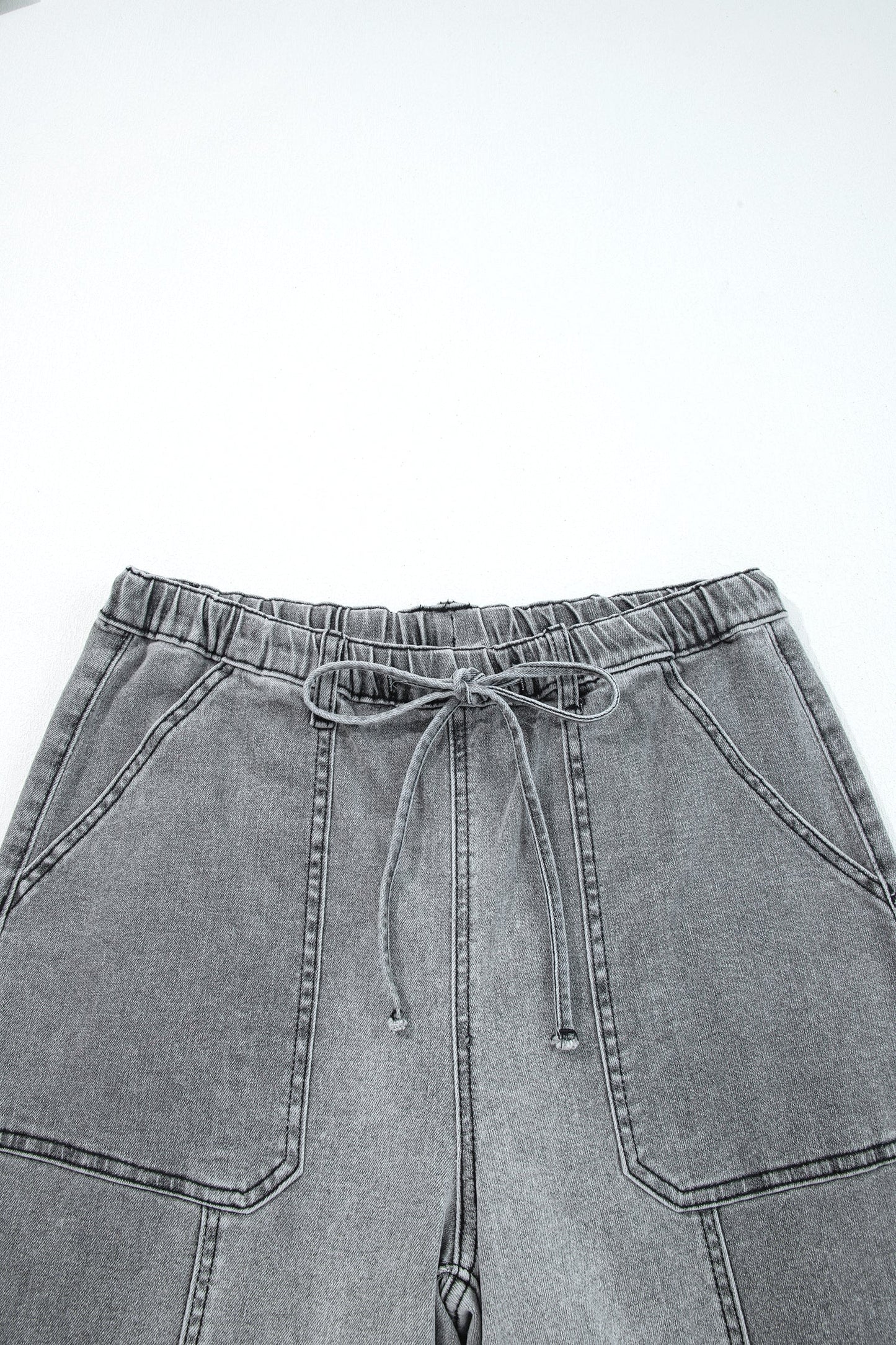 Prussian Blue Drawstring Seam Detail Raw Hem Wide Leg Denim Pants