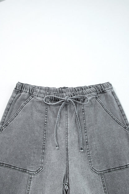 Prussian Blue Drawstring Seam Detail Raw Hem Wide Leg Denim Pants