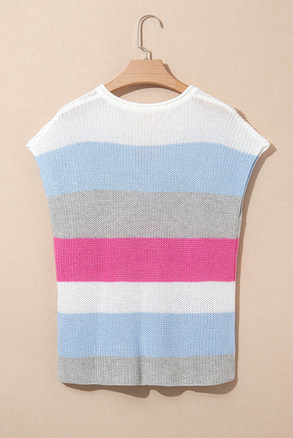 Light Blue Color Block Notch V Neck Sweater T Shirt