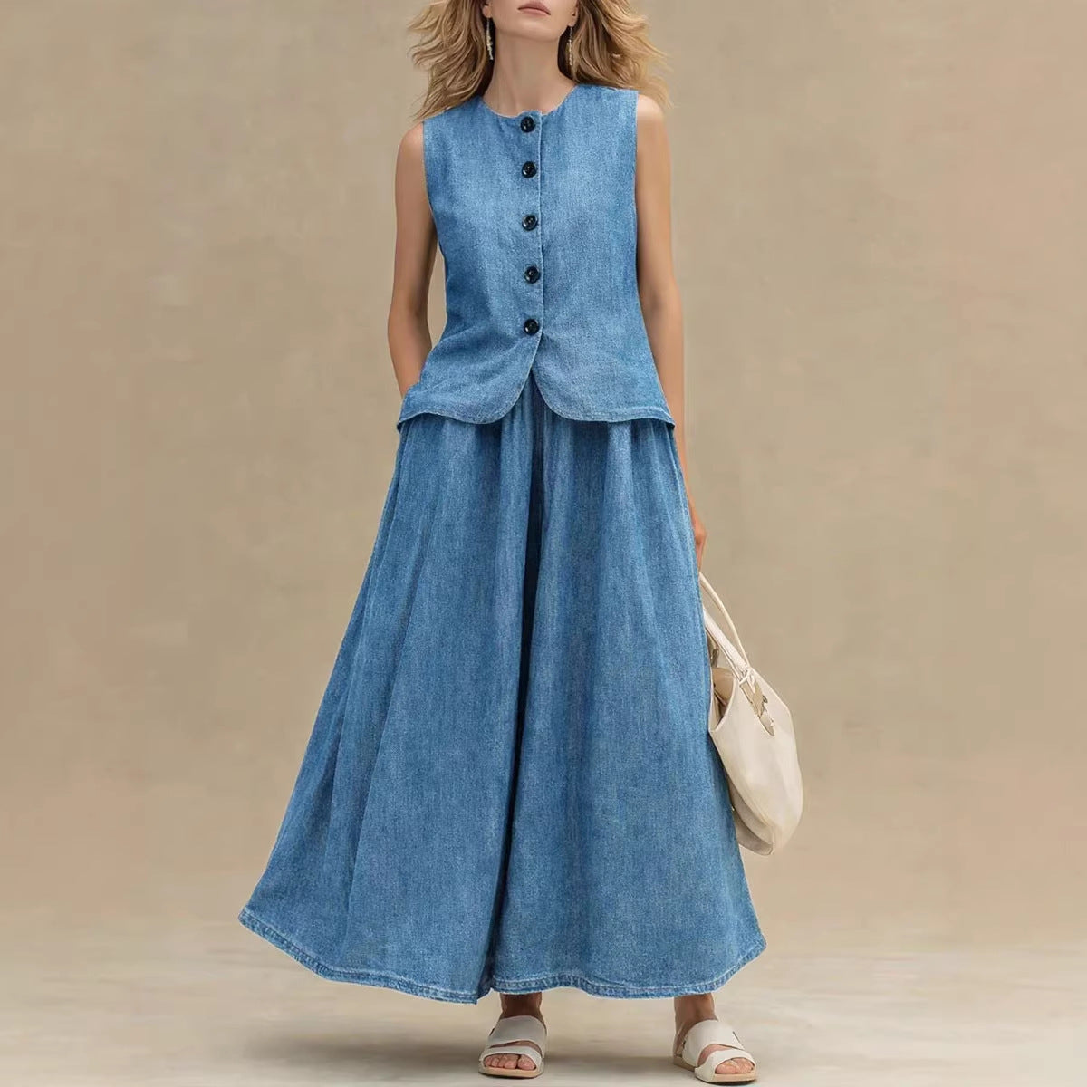 Women’s Crew Neck Denim Top and High-Waist A-Line Skirt Set