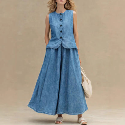 Women’s Crew Neck Denim Top and High-Waist A-Line Skirt Set