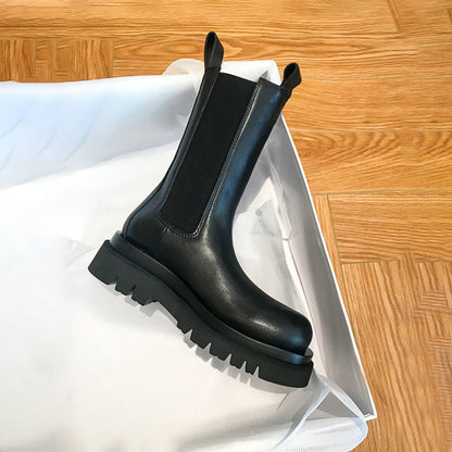Women’s British-Style Mid-Calf Thick-Soled Leather Boots