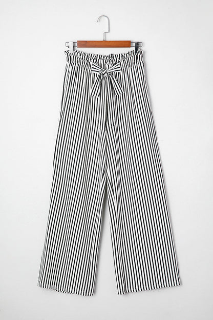 Black Striped Frill Knot Waist Decor Pants