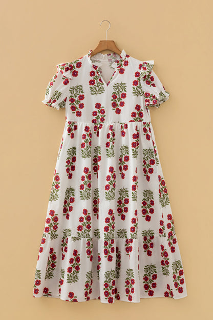 White Floral Print V Neck 3/4 Sleeve Loose Mini Dress