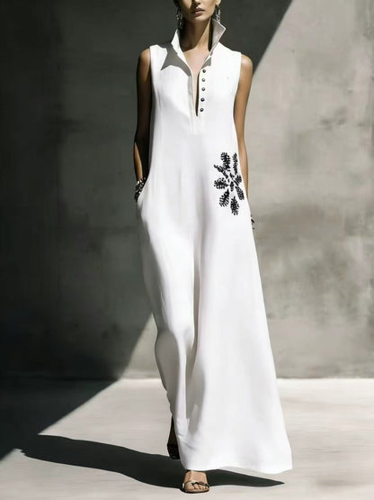 Women's Cotton Linen Mandarin Collar Maxi Dress – Graphic Print with Pockets