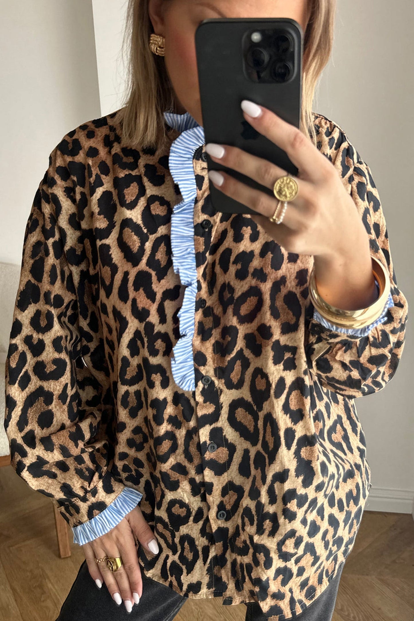 Brown Wild Leopard Print Contrast Striped Frilled Trim Chic Shirt