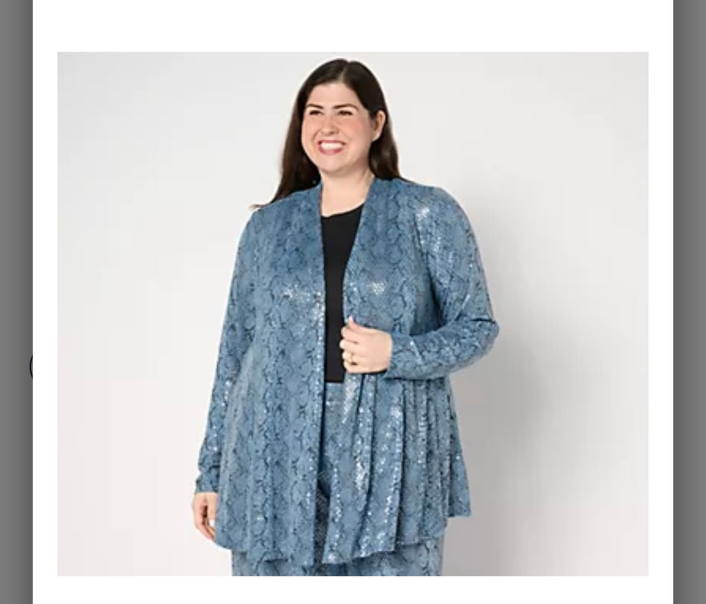 Susan Graver Occasions Pet Metallic Knit Foil Print Open Front Cardigan