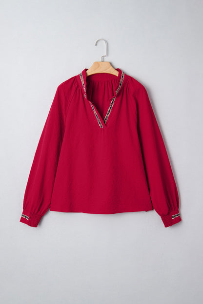 Racing Red Leopard Jacquard Print V Neck Textured Blouse
