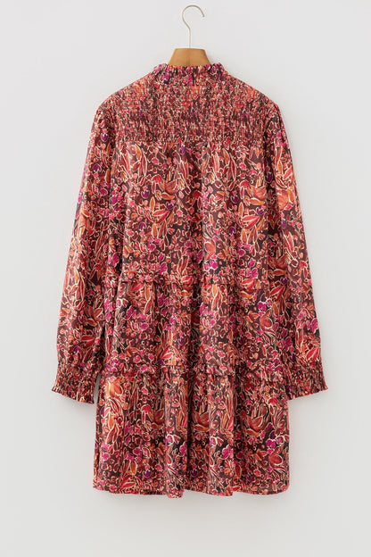 Red Floral Print Long Sleeve Shirred High Neck Loose Mini Dress