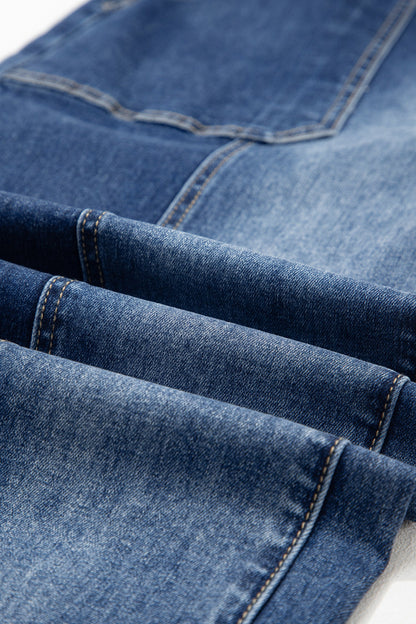 Prussian Blue Drawstring Seam Detail Raw Hem Wide Leg Denim Pants