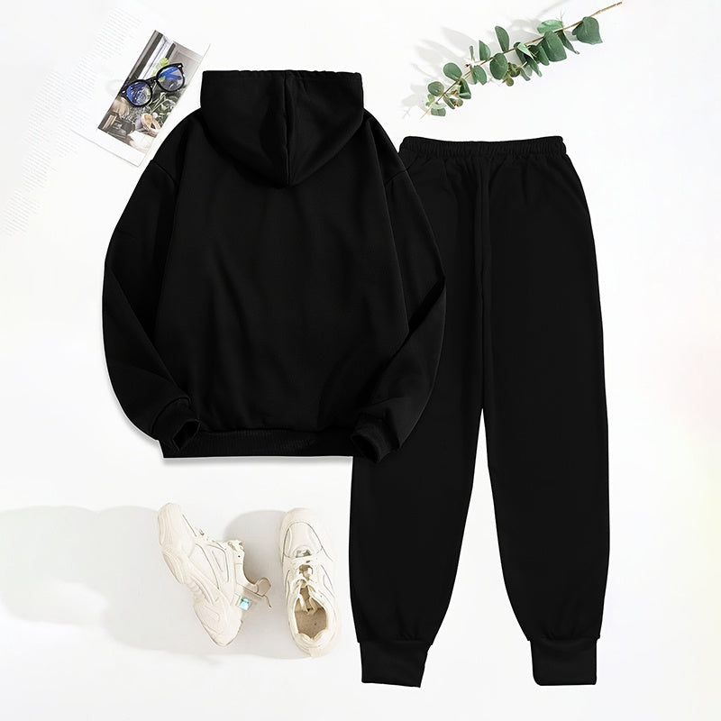 Women's Solid 2-Piece Set Letter Print Hoodie With Pocket