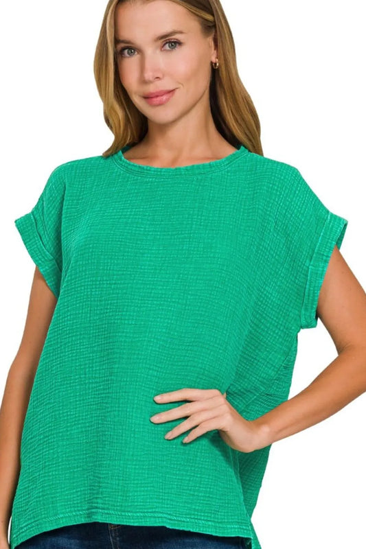 Zenana Woven Double Gauze Acid Washed Short Sleeve Top