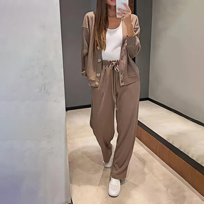 Casual Knit Cardigan With Pocket & Drawstring Lounge Pants