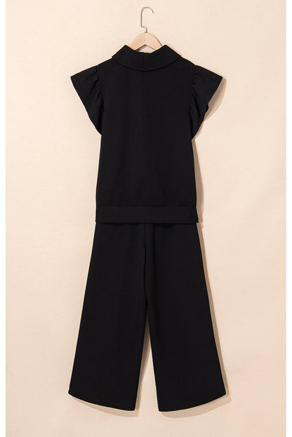 Pink Textured Ruffle Sleeve Zipped Top and Wide Leg Pants Set