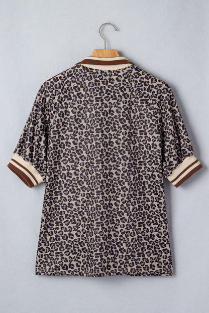 Khaki Leopard Print Half Zip Striped Trim Patchwork Short Sleeve Top