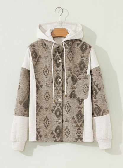 Western Aztec Colorblock Patchwork Drawstring Hooded Shacket