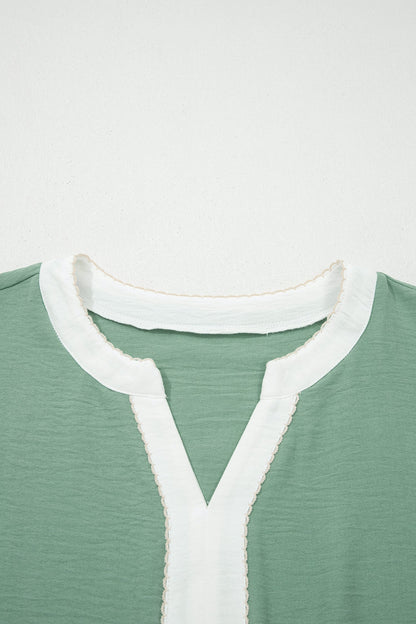 Smoke Green Color Block Patchwork V Neck Embroidered Puff Sleeve Babydoll Blouse