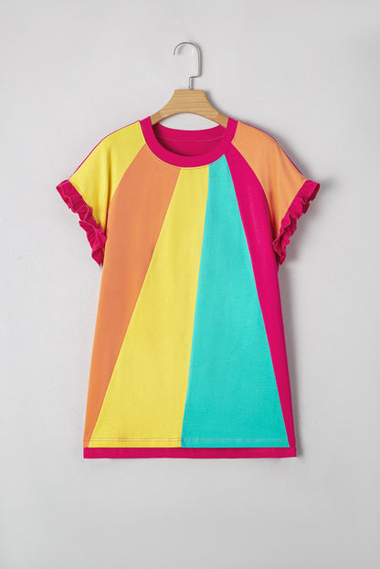 Rose Red Color Block Ruffled Crew Neck Loose Fit T Shirt