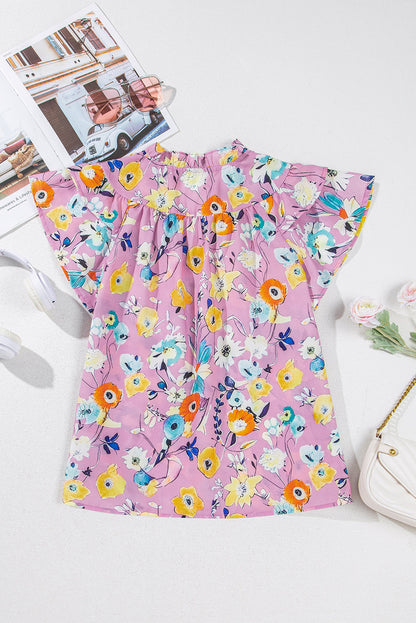 Pink Flutter Sleeve V Neck Floral Top