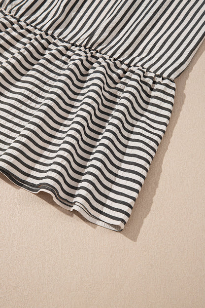 Black Stripe Scallop Trim Shirt Collar Half Button 3/4 Sleeve Long Dress