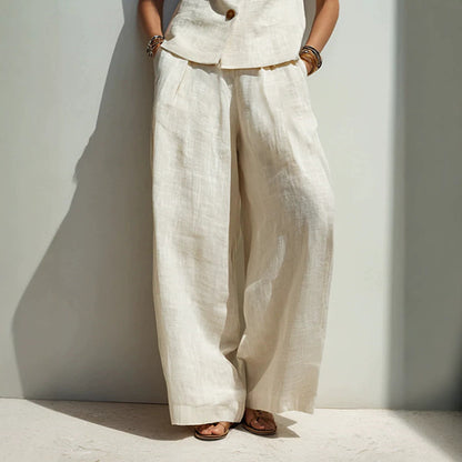 Linen Blend V-Neck Buttoned Vest & High-Waist Wide-Leg Pants Set – 5 Colors S–3XL
