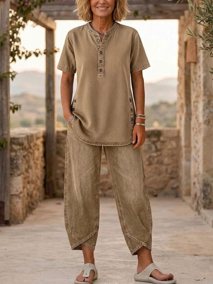Women's Lapel Button-Up Top & Pants Two-Piece Set – Three-Quarter Sleeve