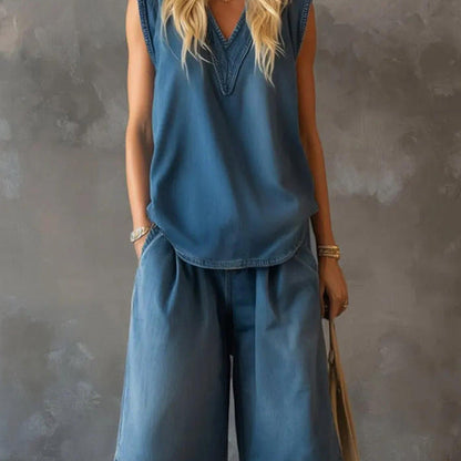 Women's V-Neck Sleeveless Loose Top & Wide-Leg Shorts Set