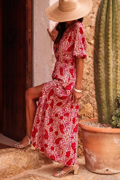 Red Paisley Print Side Slit Puff Sleeve High Waist Maxi Dress