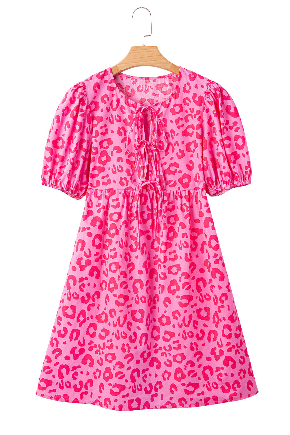 Rose Leopard Puff Sleeve Tie Front High Waist Mini Dress