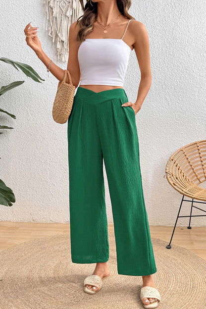 Solid Textured Crossed Waist Wide Leg Pants