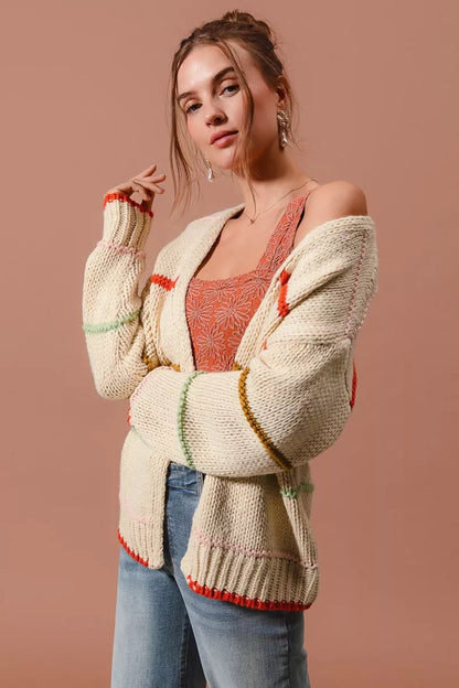 SO ME Loose Fit Multi Stripe Open Front Cardigan