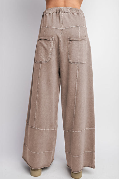 Smoke Gray Mineral Wash Exposed Seam Drawstring Elastic Waistband Wide Leg Cargo Pants
