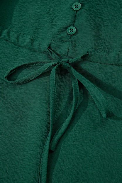 Blackish Green Solid Long Sleeve Button V Neck Tiered Maxi Dress
