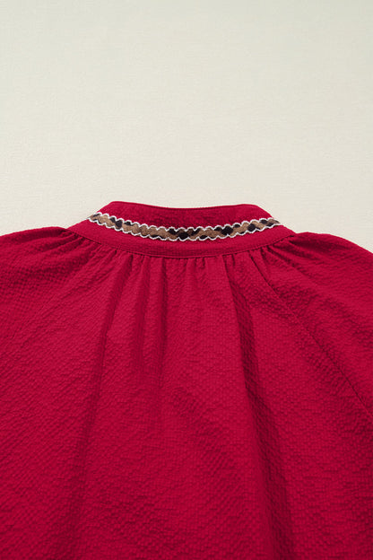 Racing Red Leopard Jacquard Print V Neck Textured Blouse