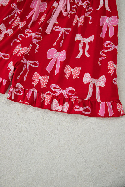 Red Sweet Bow Print Ruffled Short Sleeve Shirt Shorts 2pcs Pajama Set